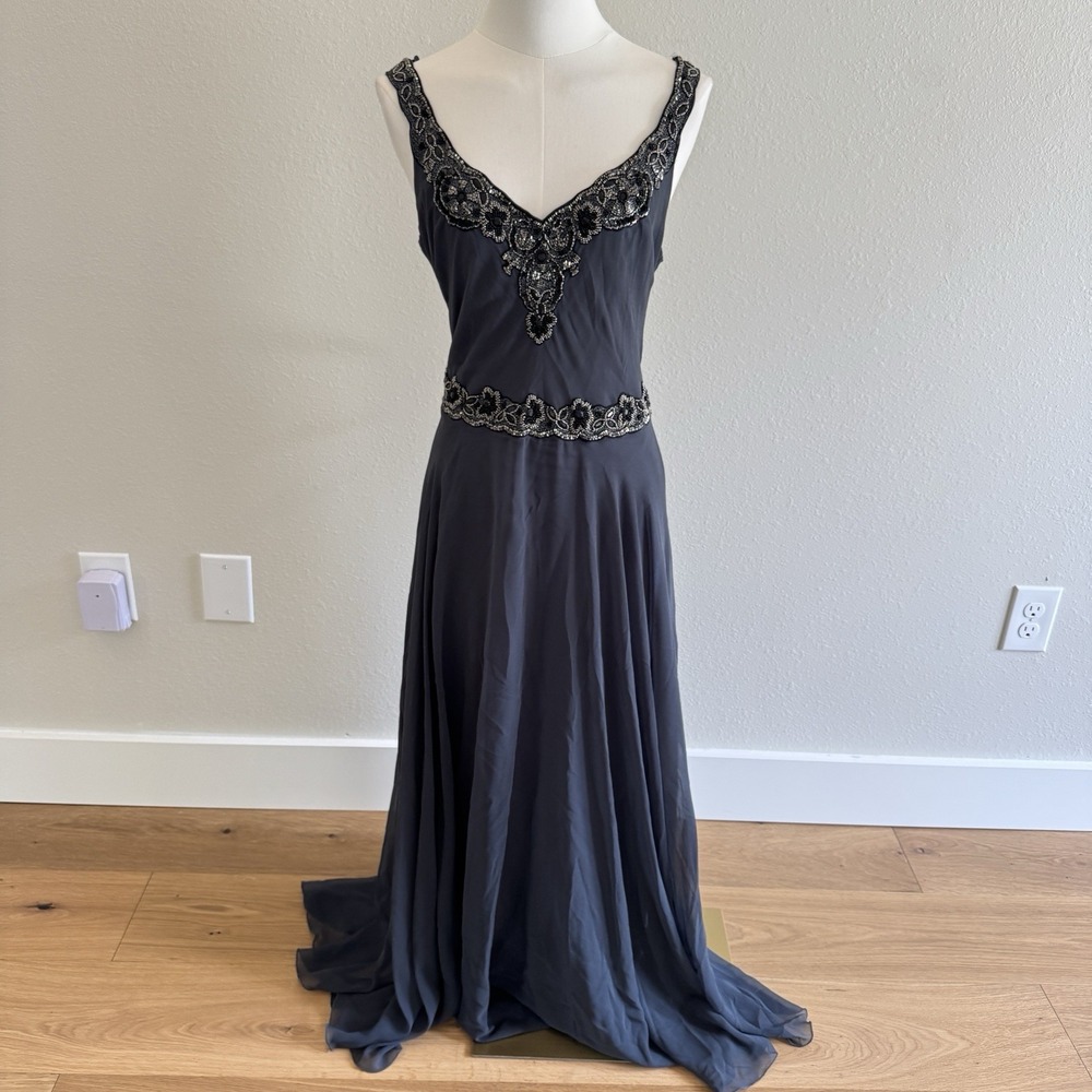 Vintage J Kara 1920s Style Beaded Dress Dark Gray Sz 14 Fairy Elegant Chiffon